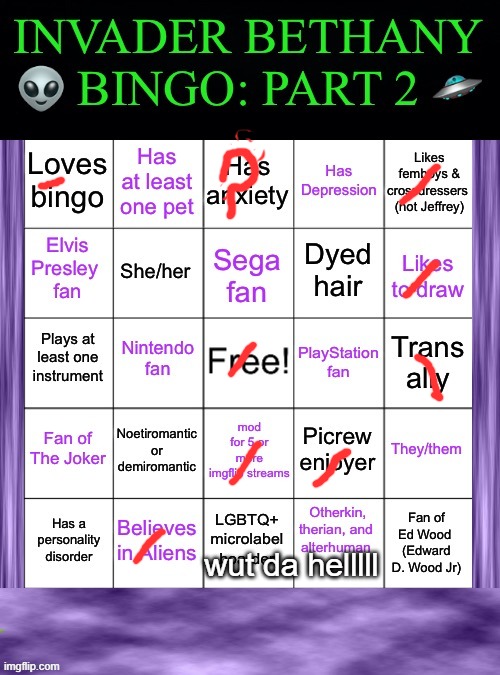 InvaderBethany Bingo: Part 2 | wut da helllll | image tagged in invaderbethany bingo part 2 | made w/ Imgflip meme maker