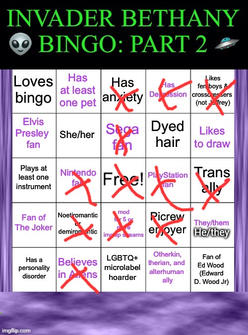 InvaderBethany Bingo: Part 2 | He/they | image tagged in invaderbethany bingo part 2 | made w/ Imgflip meme maker