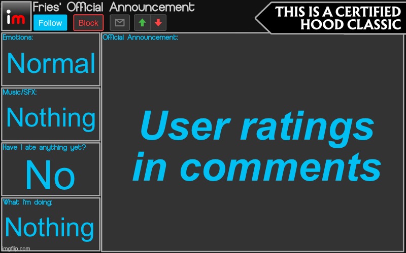 Fries' Imgflip Announcement | Normal; User ratings in comments; Nothing; No; Nothing | image tagged in fries' imgflip announcement | made w/ Imgflip meme maker