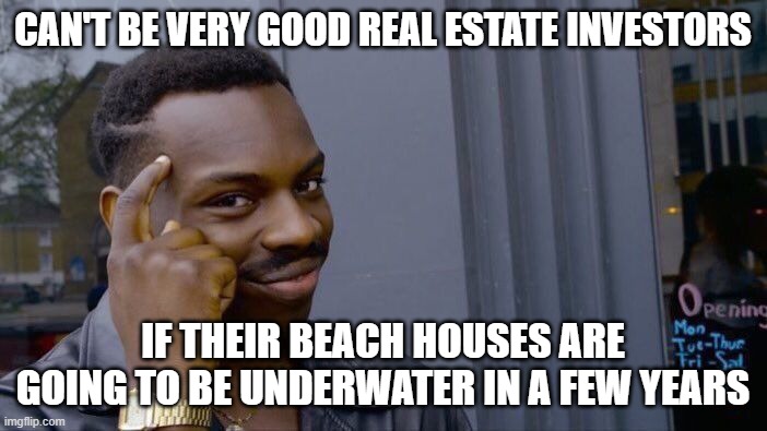 Roll Safe Think About It Meme | CAN'T BE VERY GOOD REAL ESTATE INVESTORS IF THEIR BEACH HOUSES ARE GOING TO BE UNDERWATER IN A FEW YEARS | image tagged in memes,roll safe think about it | made w/ Imgflip meme maker