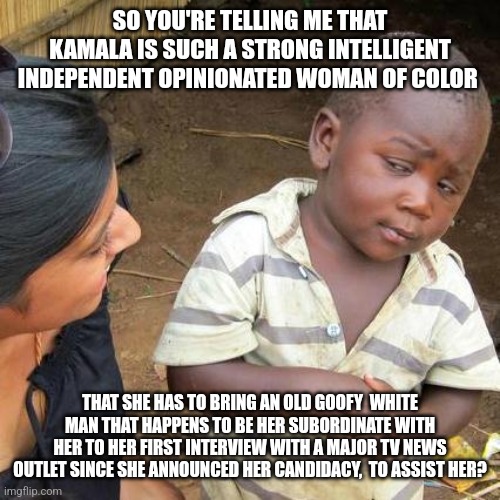 Kamala n walz doofusses | SO YOU'RE TELLING ME THAT KAMALA IS SUCH A STRONG INTELLIGENT INDEPENDENT OPINIONATED WOMAN OF COLOR; THAT SHE HAS TO BRING AN OLD GOOFY  WHITE MAN THAT HAPPENS TO BE HER SUBORDINATE WITH HER TO HER FIRST INTERVIEW WITH A MAJOR TV NEWS OUTLET SINCE SHE ANNOUNCED HER CANDIDACY,  TO ASSIST HER? | image tagged in memes,third world skeptical kid | made w/ Imgflip meme maker