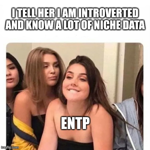 Flirting with an ENTP | I TELL HER I AM INTROVERTED AND KNOW A LOT OF NICHE DATA; ENTP | image tagged in horny girl,entp,flirting,romance,mbti,myers briggs | made w/ Imgflip meme maker