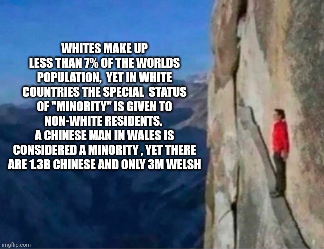 Cliff | WHITES MAKE UP LESS THAN 7% OF THE WORLDS POPULATION,  YET IN WHITE COUNTRIES THE SPECIAL  STATUS OF "MINORITY" IS GIVEN TO NON-WHITE RESIDENTS. 
A CHINESE MAN IN WALES IS CONSIDERED A MINORITY , YET THERE ARE 1.3B CHINESE AND ONLY 3M WELSH | image tagged in cliff,funny memes | made w/ Imgflip meme maker