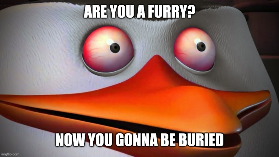 "image title" | ARE YOU A FURRY? NOW YOU GONNA BE BURIED | image tagged in red eyes penguin skipper | made w/ Imgflip meme maker