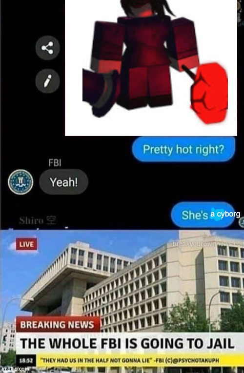 The whole FBI is going to jail | a cyborg | image tagged in the whole fbi is going to jail | made w/ Imgflip meme maker