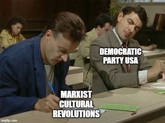 mrs harris copying | DEMOCRATIC PARTY USA; MARXIST CULTURAL REVOLUTIONS | image tagged in mr bean copying,political meme,history memes,democrats,republicans | made w/ Imgflip meme maker