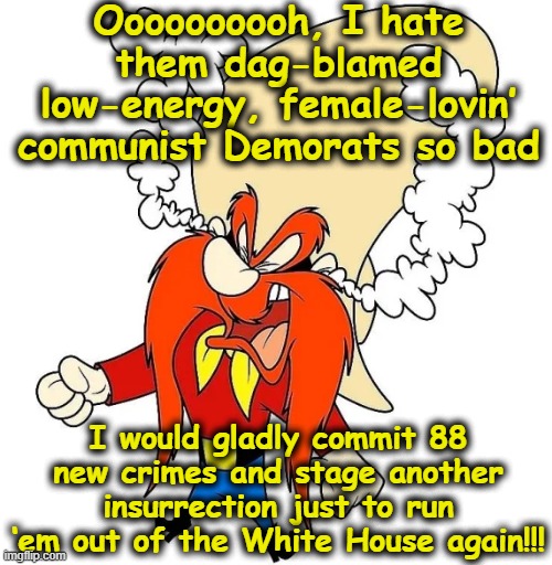 Yosemite Don | Oooooooooh, I hate them dag-blamed low-energy, female-lovin’ communist Demorats so bad; I would gladly commit 88 new crimes and stage another insurrection just to run ‘em out of the White House again!!! | image tagged in trump,donald trump,deplorable donald,nevertrump meme,presidential alert,looney tunes | made w/ Imgflip meme maker