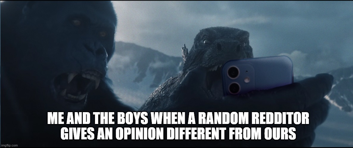 reddit when the | ME AND THE BOYS WHEN A RANDOM REDDITOR
GIVES AN OPINION DIFFERENT FROM OURS | image tagged in godzilla | made w/ Imgflip meme maker