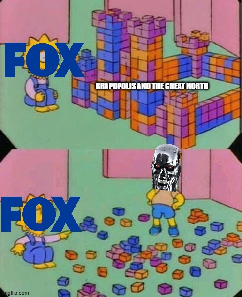 we must have more shows that have good animation like terminator zero instead of shitty animation like krapopolis | KRAPOPOLIS AND THE GREAT NORTH | image tagged in lisa block tower,fox,netflix,memes | made w/ Imgflip meme maker