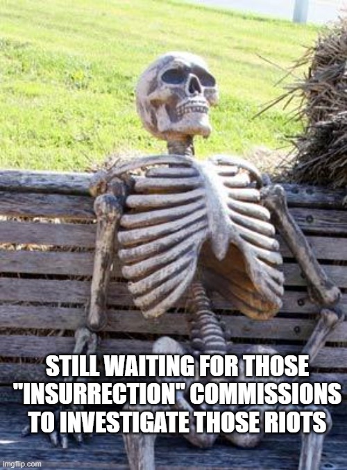 Waiting Skeleton Meme | STILL WAITING FOR THOSE "INSURRECTION" COMMISSIONS TO INVESTIGATE THOSE RIOTS | image tagged in memes,waiting skeleton | made w/ Imgflip meme maker