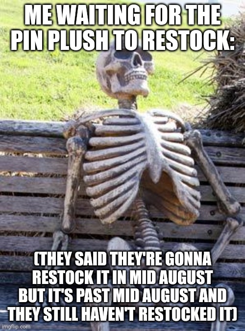 jacknjellify, WHEN TF ARE YOU GONNA RESTOCK THE PIN PLUSH IT'S PAST MID AUGUST AND YOU STILL HAVEN'T RESTOCKED IT AND I JUST WAN | ME WAITING FOR THE PIN PLUSH TO RESTOCK:; (THEY SAID THEY'RE GONNA RESTOCK IT IN MID AUGUST BUT IT'S PAST MID AUGUST AND THEY STILL HAVEN'T RESTOCKED IT) | image tagged in memes,waiting skeleton | made w/ Imgflip meme maker