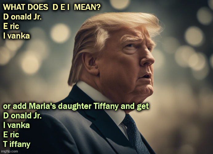 WHAT DOES  D E I  MEAN?
D onald Jr.
E ric
I vanka; or add Marla's daughter Tiffany and get
D onald Jr.
I vanka
E ric
T iffany | image tagged in trump,dei,donald trump jr,eric trump,ivanka trump,tiffany | made w/ Imgflip meme maker