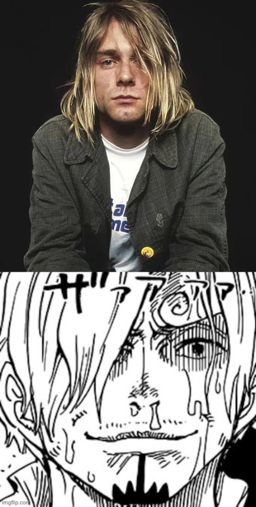 anime lookalikes pt. 1 (Kurt Cobain/Sanji) | image tagged in the sanji face,kurt cobain,nirvana,one piece,lookalikes | made w/ Imgflip meme maker