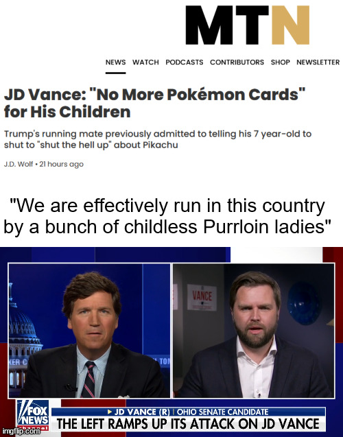 Childless Purrloin ladies | "We are effectively run in this country by a bunch of childless Purrloin ladies" | image tagged in jd vance,fox news,tucker carlson,scumbag republicans,pokemon,pokemon card | made w/ Imgflip meme maker