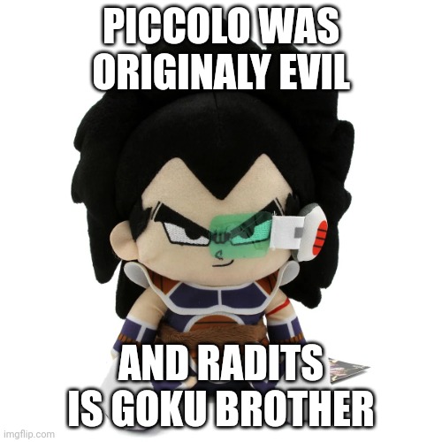 raditz plush | PICCOLO WAS ORIGINALY EVIL; AND RADITS IS GOKU BROTHER | image tagged in raditz plush | made w/ Imgflip meme maker