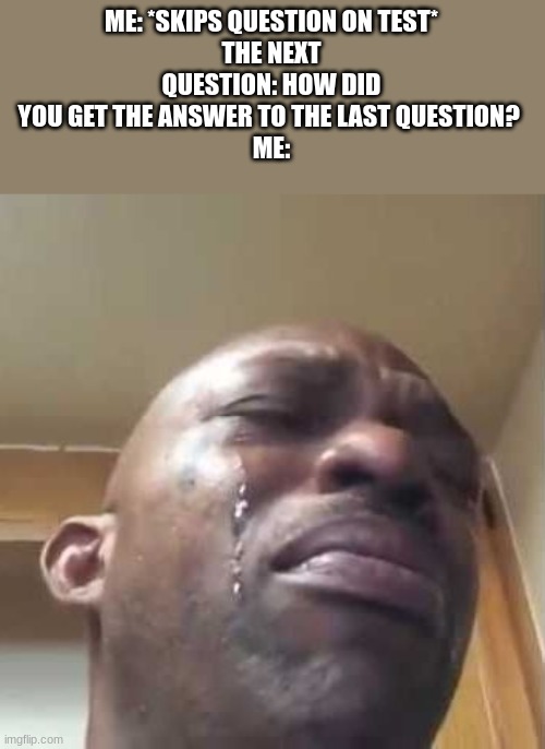 school asf | ME: *SKIPS QUESTION ON TEST*
THE NEXT QUESTION: HOW DID YOU GET THE ANSWER TO THE LAST QUESTION? 
ME: | image tagged in crying black guy,school,funny,memes | made w/ Imgflip meme maker