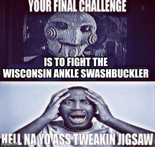 your final challenge | IS TO FIGHT THE WISCONSIN ANKLE SWASHBUCKLER | image tagged in your final challenge | made w/ Imgflip meme maker