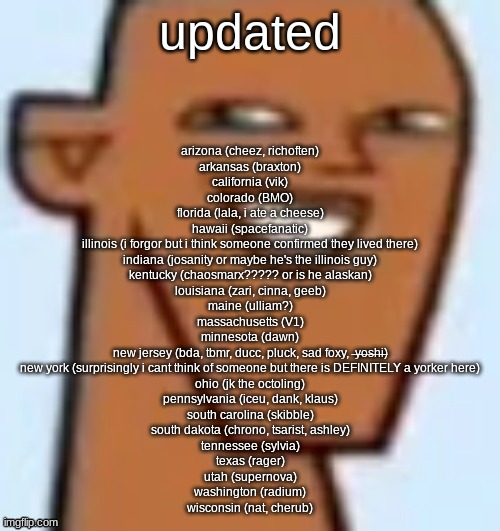 justin | updated; arizona (cheez, richoften)
arkansas (braxton)
california (vik)
colorado (BMO)
florida (lala, i ate a cheese)
hawaii (spacefanatic)
illinois (i forgor but i think someone confirmed they lived there)
indiana (josanity or maybe he's the illinois guy)
kentucky (chaosmarx????? or is he alaskan)
louisiana (zari, cinna, geeb)
maine (ulliam?)
massachusetts (V1)
minnesota (dawn)
new jersey (bda, tbmr, ducc, pluck, sad foxy,  ̶y̶o̶s̶h̶i̶)
new york (surprisingly i cant think of someone but there is DEFINITELY a yorker here)
ohio (jk the octoling)
pennsylvania (iceu, dank, klaus)
south carolina (skibble)
south dakota (chrono, tsarist, ashley)
tennessee (sylvia)
texas (rager)
utah (supernova)
washington (radium)
wisconsin (nat, cherub) | image tagged in justin | made w/ Imgflip meme maker