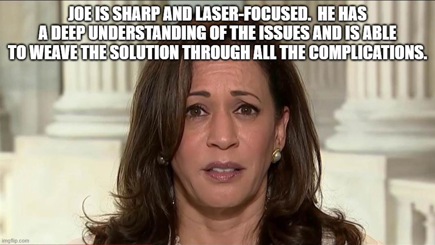 kamala harris | JOE IS SHARP AND LASER-FOCUSED.  HE HAS A DEEP UNDERSTANDING OF THE ISSUES AND IS ABLE TO WEAVE THE SOLUTION THROUGH ALL THE COMPLICATIONS. | image tagged in kamala harris | made w/ Imgflip meme maker