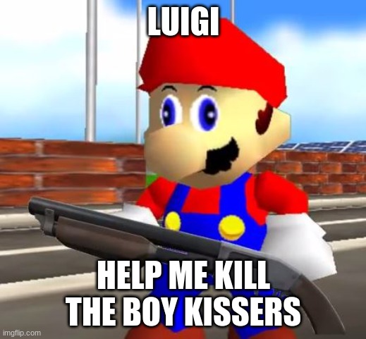 SMG4 Shotgun Mario | LUIGI HELP ME KILL THE BOY KISSERS | image tagged in smg4 shotgun mario | made w/ Imgflip meme maker