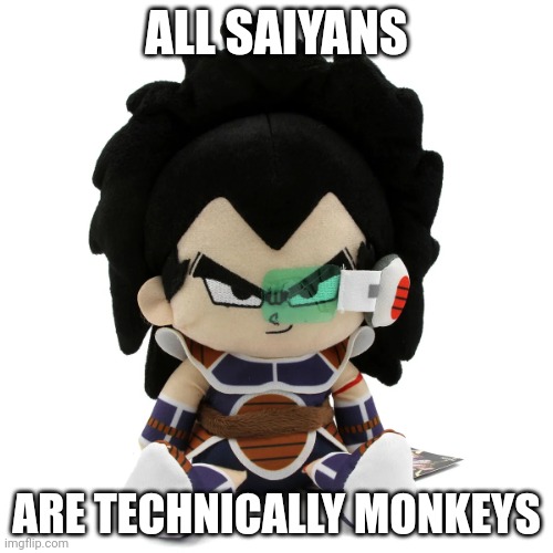 meaning frieza is truly racist | ALL SAIYANS; ARE TECHNICALLY MONKEYS | image tagged in raditz plush | made w/ Imgflip meme maker