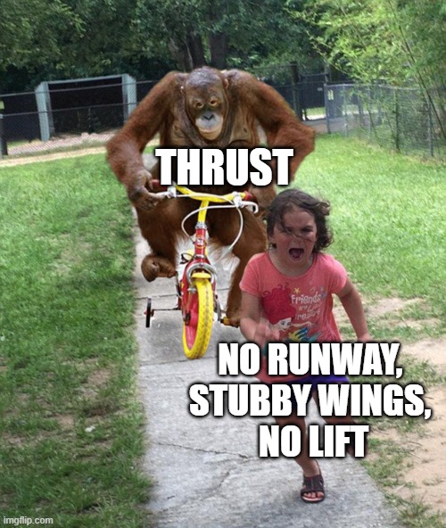 Orangutan chasing girl on a tricycle | THRUST; NO RUNWAY, 
STUBBY WINGS, 
NO LIFT | image tagged in orangutan chasing girl on a tricycle | made w/ Imgflip meme maker