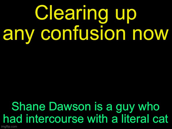 I have the balls to say this in front of site mods | Clearing up any confusion now; Shane Dawson is a guy who had intercourse with a literal cat | image tagged in drizzy text temp | made w/ Imgflip meme maker