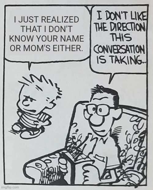 Bill Watterson didn't think that the parents needed names. | I JUST REALIZED THAT I DON'T KNOW YOUR NAME OR MOM'S EITHER. | image tagged in i don't like the direction this conversation is taking,comics/cartoons,characters | made w/ Imgflip meme maker