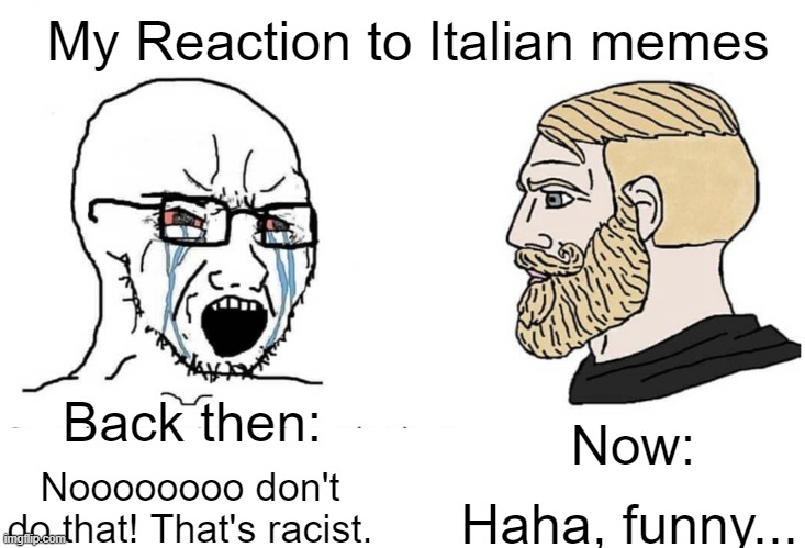 Character Development | My Reaction to Italian memes; Back then:; Now:; Haha, funny... Noooooooo don't do that! That's racist. | image tagged in soyboy vs yes chad,italian,character development,cringing at the past | made w/ Imgflip meme maker