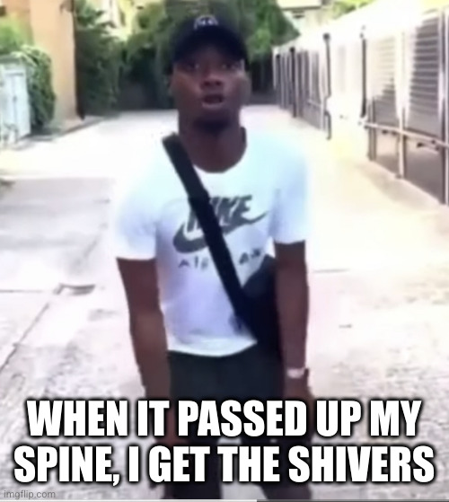 oh oh scary | WHEN IT PASSED UP MY SPINE, I GET THE SHIVERS | image tagged in oh oh scary | made w/ Imgflip meme maker