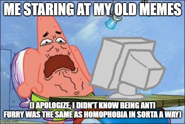 Sorry if this is also offensive if I described homophobia in an inaccurate way | ME STARING AT MY OLD MEMES; (I APOLOGIZE, I DIDN'T KNOW BEING ANTI FURRY WAS THE SAME AS HOMOPHOBIA IN SORTA A WAY) | image tagged in patrick star cringing,sorry,meme | made w/ Imgflip meme maker