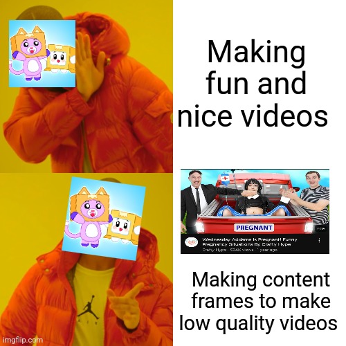 Lankybox | Making fun and nice videos; Making content frames to make low quality videos | image tagged in memes,drake hotline bling | made w/ Imgflip meme maker