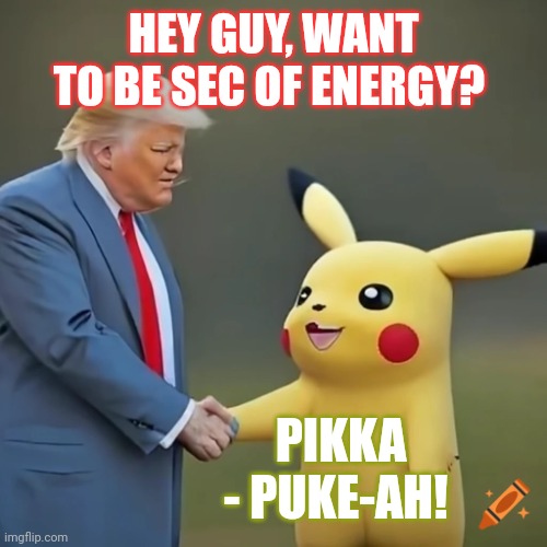 Trump and Pikachu | HEY GUY, WANT TO BE SEC OF ENERGY? PIKKA - PUKE-AH! | image tagged in trump and pikachu | made w/ Imgflip meme maker