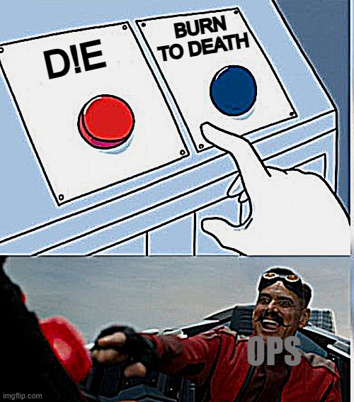 OPS! I KILLED SONIC! | BURN TO DEATH; D!E; OPS | image tagged in two buttons eggman,two buttons,eggman,die,sonic the hedgehog,sonic | made w/ Imgflip meme maker