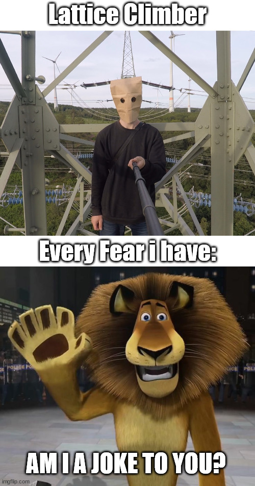 Am i a joke to you? | Lattice Climber; Every Fear i have:; AM I A JOKE TO YOU? | image tagged in lattice climbing,madagascar,alex the lion,meme,climbing,baghead climber | made w/ Imgflip meme maker