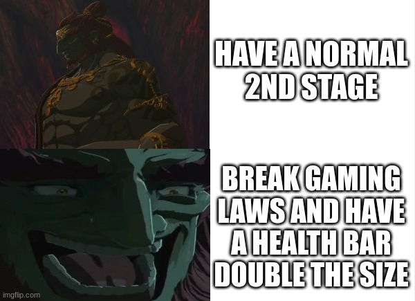 Ganondorf is not messing around anymore. | HAVE A NORMAL 2ND STAGE; BREAK GAMING LAWS AND HAVE A HEALTH BAR DOUBLE THE SIZE | image tagged in ganondorf hotline bling,the legend of zelda,gaming,drake hotline bling | made w/ Imgflip meme maker