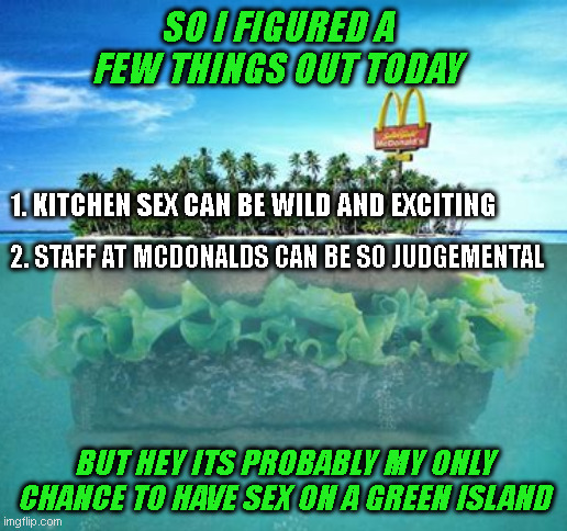 fast food Sex island | SO I FIGURED A FEW THINGS OUT TODAY; 1. KITCHEN SEX CAN BE WILD AND EXCITING; 2. STAFF AT MCDONALDS CAN BE SO JUDGEMENTAL; BUT HEY ITS PROBABLY MY ONLY CHANCE TO HAVE SEX ON A GREEN ISLAND | image tagged in sex,fast food,mcdonalds,dad joke,kitchen | made w/ Imgflip meme maker