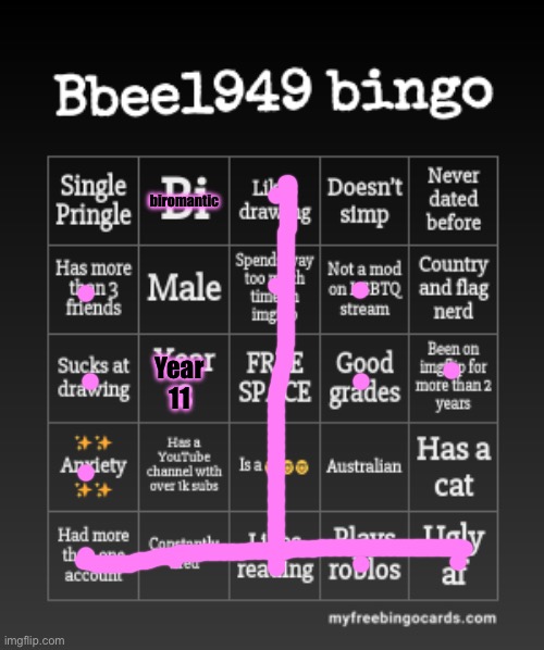 Bbee1949 bingo | biromantic; Year 11 | image tagged in bbee1949 bingo | made w/ Imgflip meme maker