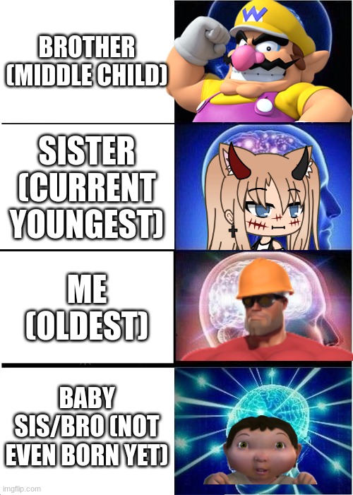 Expanding Brain | BROTHER (MIDDLE CHILD); SISTER (CURRENT YOUNGEST); ME (OLDEST); BABY SIS/BRO (NOT EVEN BORN YET) | image tagged in memes,expanding brain | made w/ Imgflip meme maker