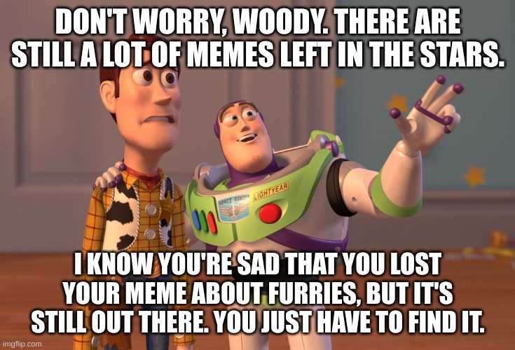 Furry Memes Be Like: | DON'T WORRY, WOODY. THERE ARE STILL A LOT OF MEMES LEFT IN THE STARS. I KNOW YOU'RE SAD THAT YOU LOST YOUR MEME ABOUT FURRIES, BUT IT'S STILL OUT THERE. YOU JUST HAVE TO FIND IT. | image tagged in memes,x x everywhere,furry memes | made w/ Imgflip meme maker