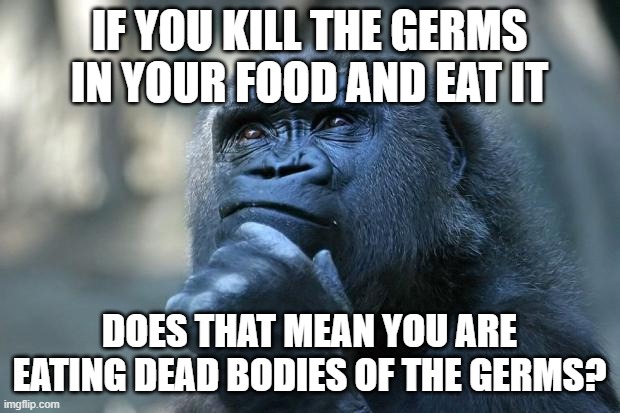 Think about it... | IF YOU KILL THE GERMS IN YOUR FOOD AND EAT IT; DOES THAT MEAN YOU ARE EATING DEAD BODIES OF THE GERMS? | image tagged in deep thoughts | made w/ Imgflip meme maker