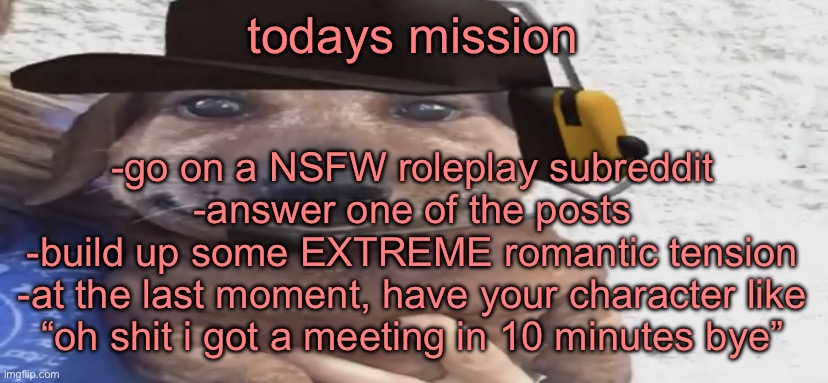 chucklenuts | todays mission; -go on a NSFW roleplay subreddit
-answer one of the posts
-build up some EXTREME romantic tension
-at the last moment, have your character like “oh shit i got a meeting in 10 minutes bye” | image tagged in chucklenuts | made w/ Imgflip meme maker