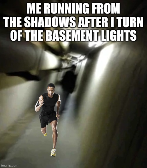 Shadow Man Chasing | ME RUNNING FROM THE SHADOWS AFTER I TURN OF THE BASEMENT LIGHTS | image tagged in shadow man chasing | made w/ Imgflip meme maker