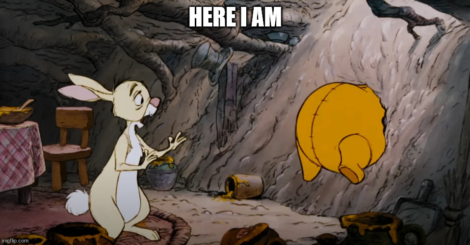 Winnie the Pooh stuck | HERE I AM | image tagged in winnie the pooh stuck | made w/ Imgflip meme maker