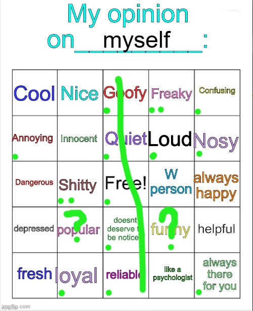 My opinion on ___ bingo by owu | myself | image tagged in my opinion on ___ bingo by owu | made w/ Imgflip meme maker