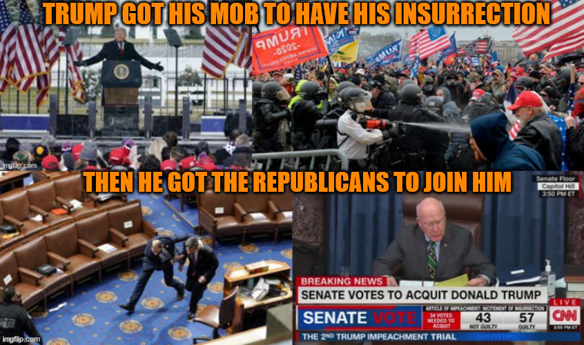 Trump treacherous cult | TRUMP GOT HIS MOB TO HAVE HIS INSURRECTION; THEN HE GOT THE REPUBLICANS TO JOIN HIM | image tagged in trump ongoing inserrection,traitors for trump,the real suckers and losers,maga mob,god never misses,senate of snakes gop | made w/ Imgflip meme maker