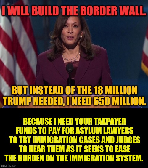 What A Con Job, The Only Thing Missing Is 5000 Illegal Immigrants Let In Daily | BECAUSE I NEED YOUR TAXPAYER FUNDS TO PAY FOR ASYLUM LAWYERS TO TRY IMMIGRATION CASES AND JUDGES TO HEAR THEM AS IT SEEKS TO EASE THE BURDEN ON THE IMMIGRATION SYSTEM. | image tagged in memes,kamala harris,border wall,spending,con job,representing who | made w/ Imgflip meme maker