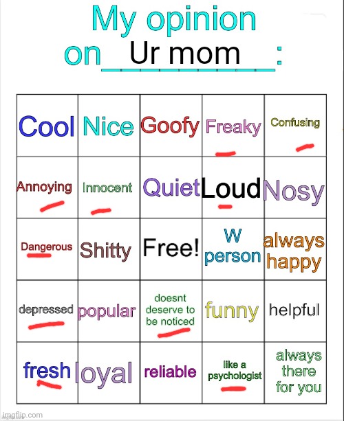 My opinion on ___ bingo by owu | Ur mom | image tagged in my opinion on ___ bingo by owu | made w/ Imgflip meme maker