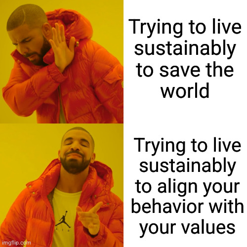 Existential authenticity is its own reward | Trying to live
sustainably
to save the
world; Trying to live
sustainably
to align your
behavior with
your values | image tagged in memes,drake hotline bling | made w/ Imgflip meme maker