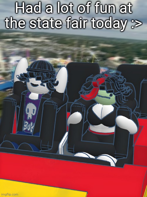 Claire and Lorenzo on a rollercoaster | Had a lot of fun at the state fair today :> | image tagged in claire and lorenzo on a rollercoaster | made w/ Imgflip meme maker